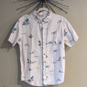 Billabong Men's Large Button Down Vacation Shirt Birds Palm Trees Fish Party